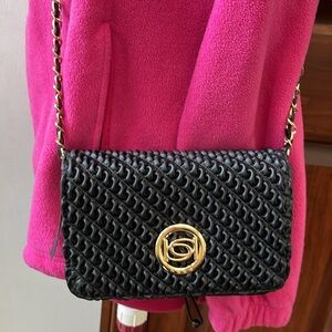 Bebe  Crossbody Clutch Bag  vegan leather, gold tone HW  braided chain added NWT